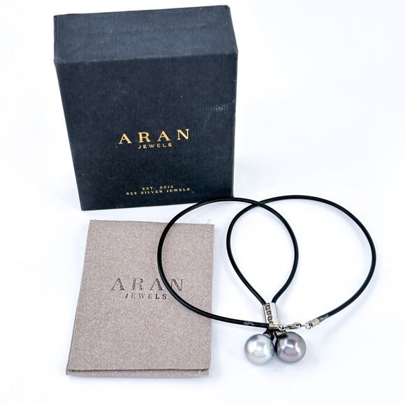 NIB Black Cord With Gray Pearls | Sterling Silver 925 Leather Necklace |  16.5" - Picture 2 of 10